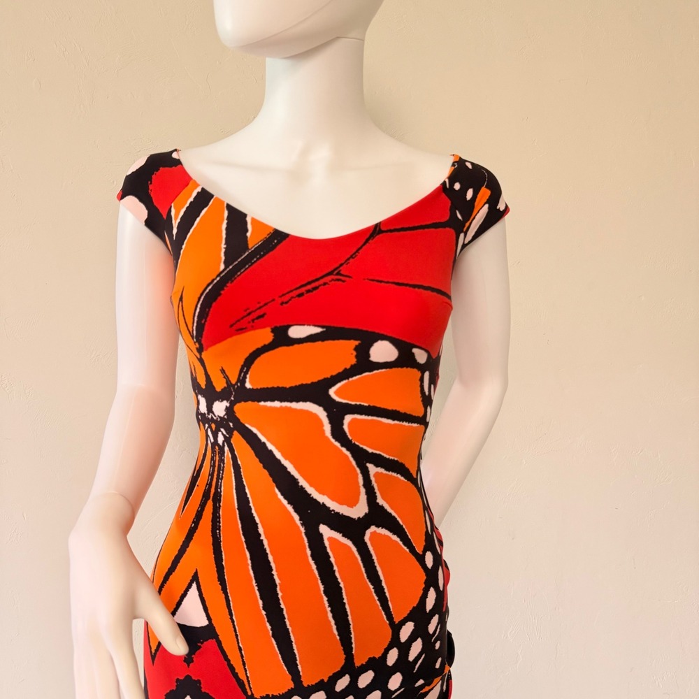 Chiara Boni Le Petite Robe Butterfly Print Sheath Dress Orange Red 36 Italy Made - Picture 2 of 11